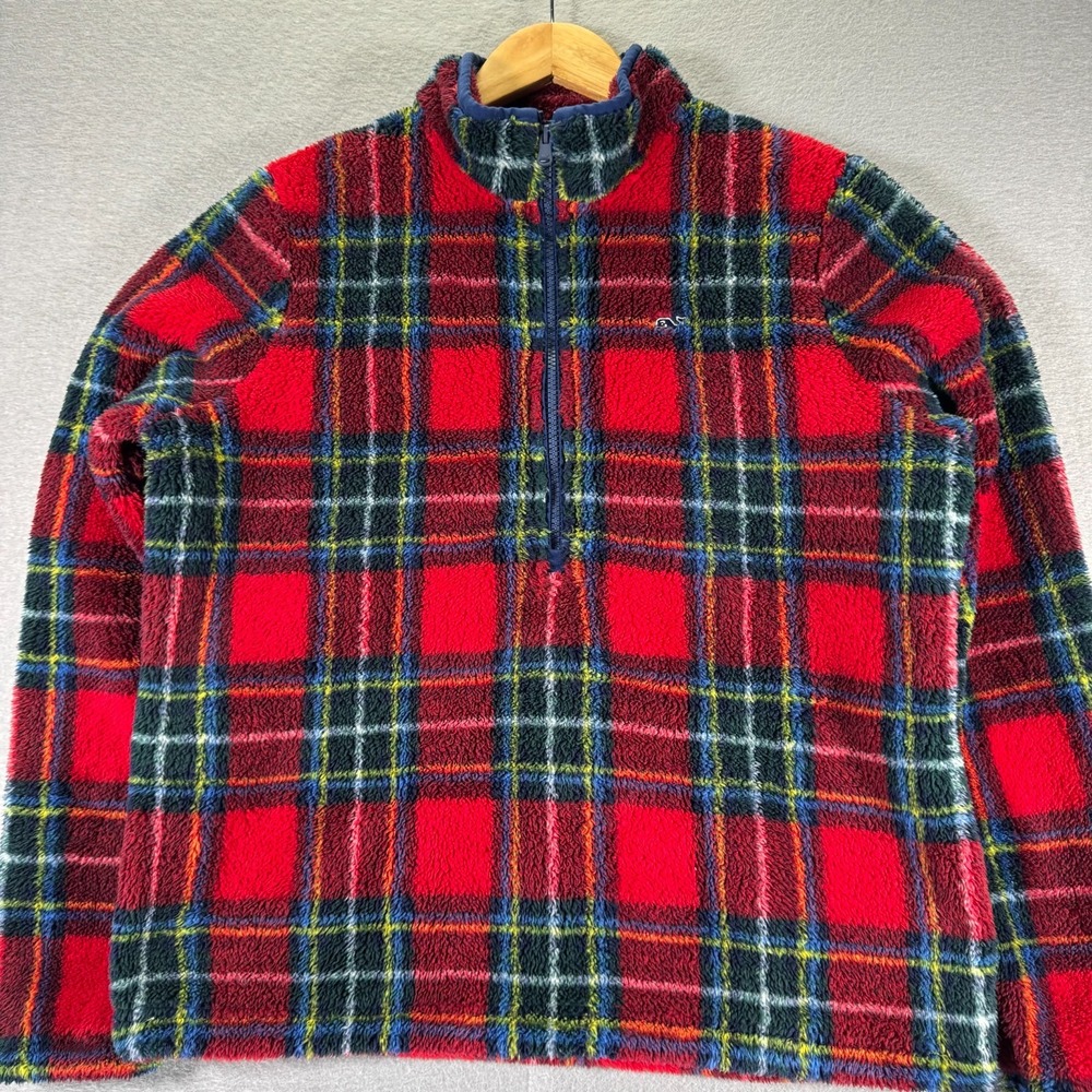 Vineyard Vines‎ Tartan Fuzzy Sweater Mens Small Red Plaid Sherpa Fleece Half Zip